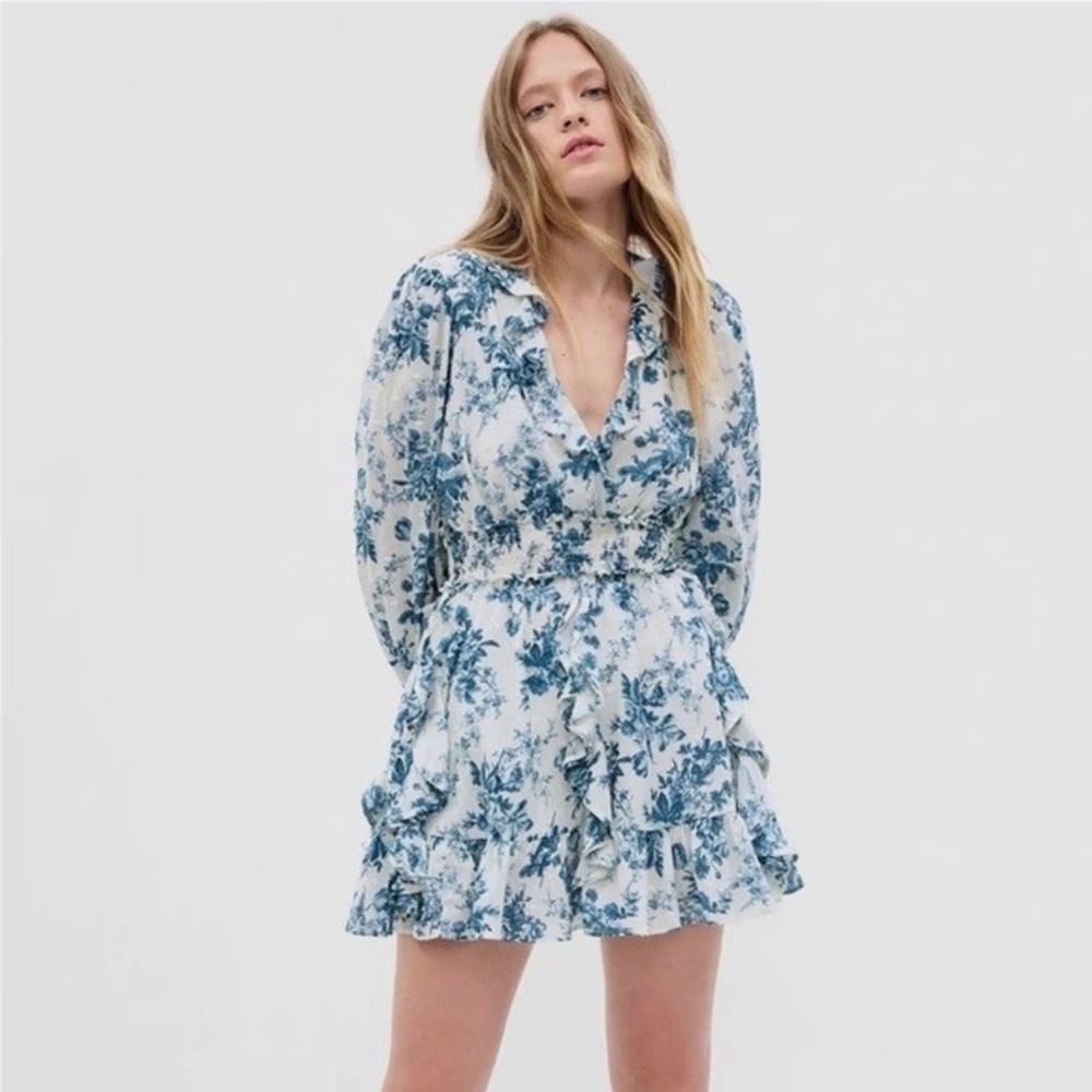 LoveShackFancy x Gap Smocked Ruffle Mini Dress in Blue Floral Size Small